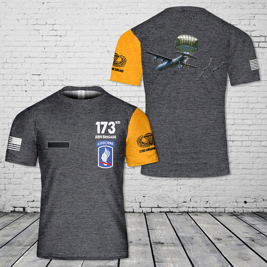 Custom Name US Army 173rd Airborne Brigade jump from an 86th Air Wing C-130 Hercules aircraft onto Juliet Drop Zone T-Shirt 3D
