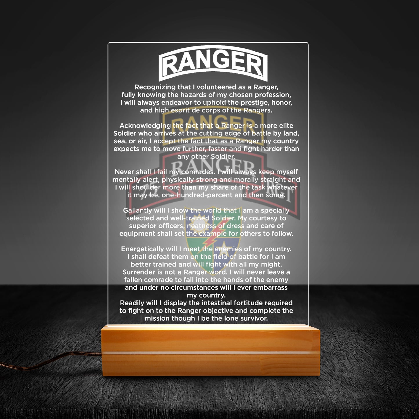 US Army 75th Ranger Regiment Creed Photo Light Night