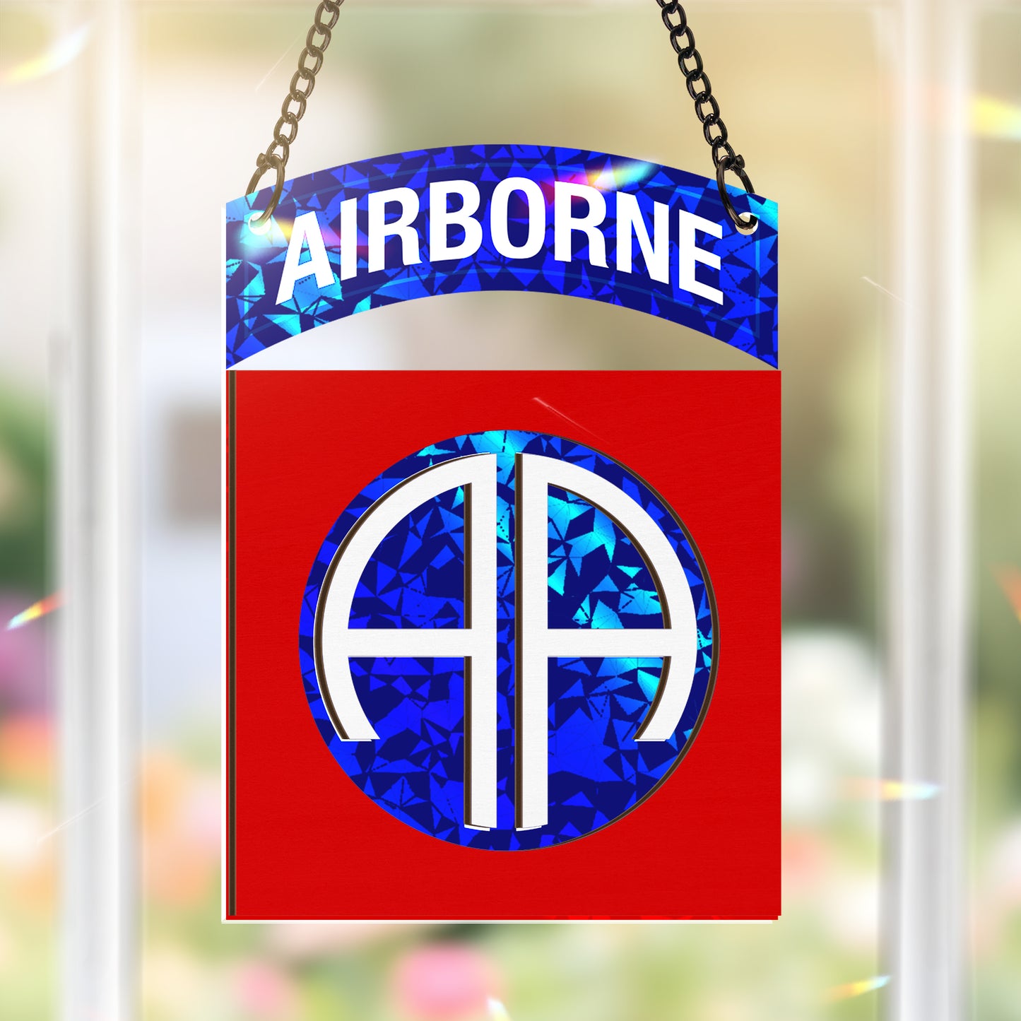 US Army 82nd Airborne Division Custom Shape Wood and Broken Glass Hologram Ornament