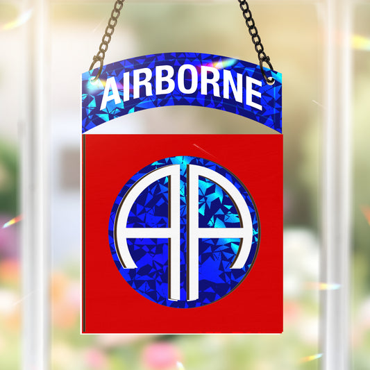 US Army 82nd Airborne Division Custom Shape Wood and Broken Glass Hologram Ornament