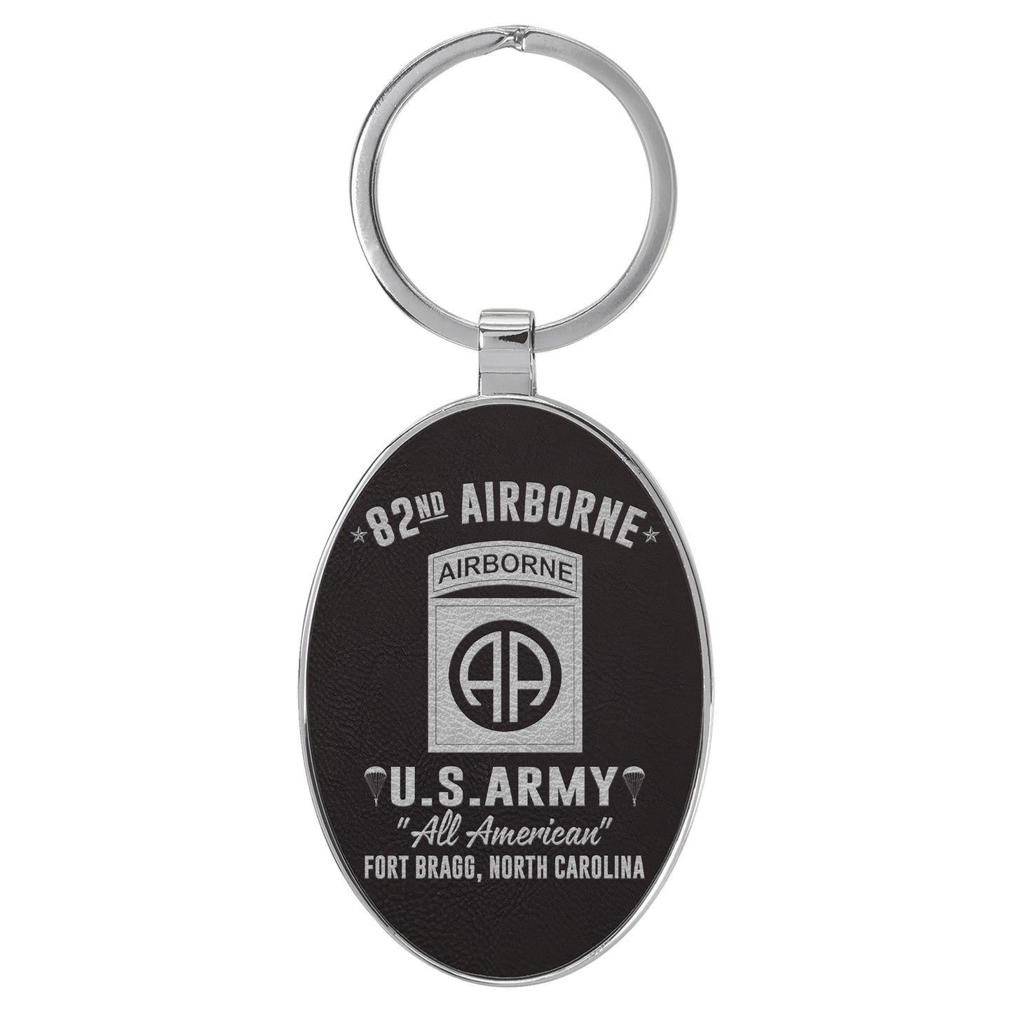 US Army 82nd Airborne Division Fort Bragg NC Oval Leatherette and Metal Keychain (Made in US)