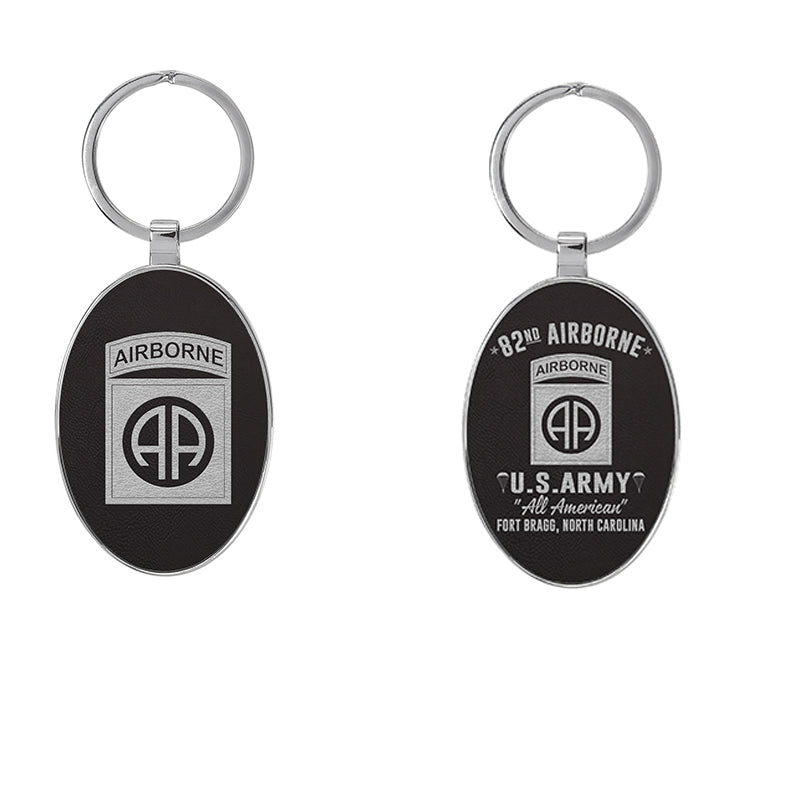 US Army 82nd Airborne Division Fort Bragg NC Oval Leatherette and Metal Keychain (Made in US)