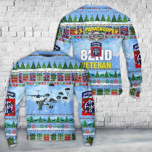 US Army 82nd Airborne Division Veteran Paratrooper Christmas AOP Sweater