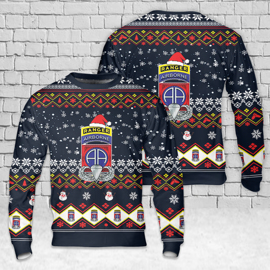 US Army 82nd Airborne Division with Ranger Tab Christmas AOP Sweater