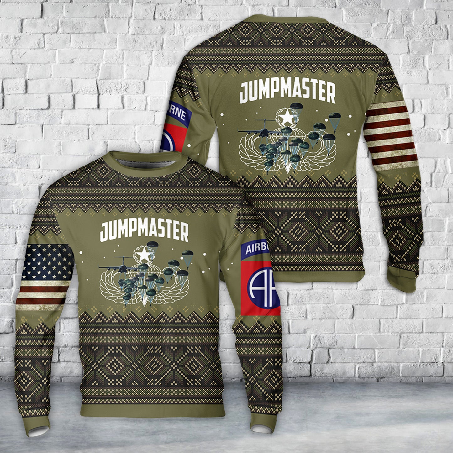 US Army 82nd Airborne Paratrooper Jumpmaster Christmas AOP Sweater