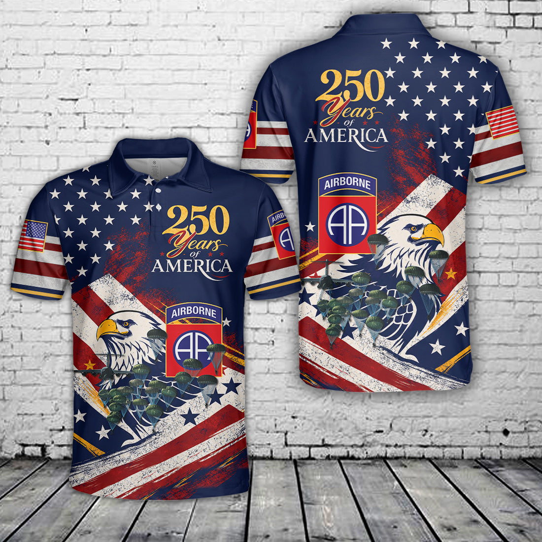 US Army 82nd Airborne Paratrooper, USA 250th Anniversary Polo Shirt