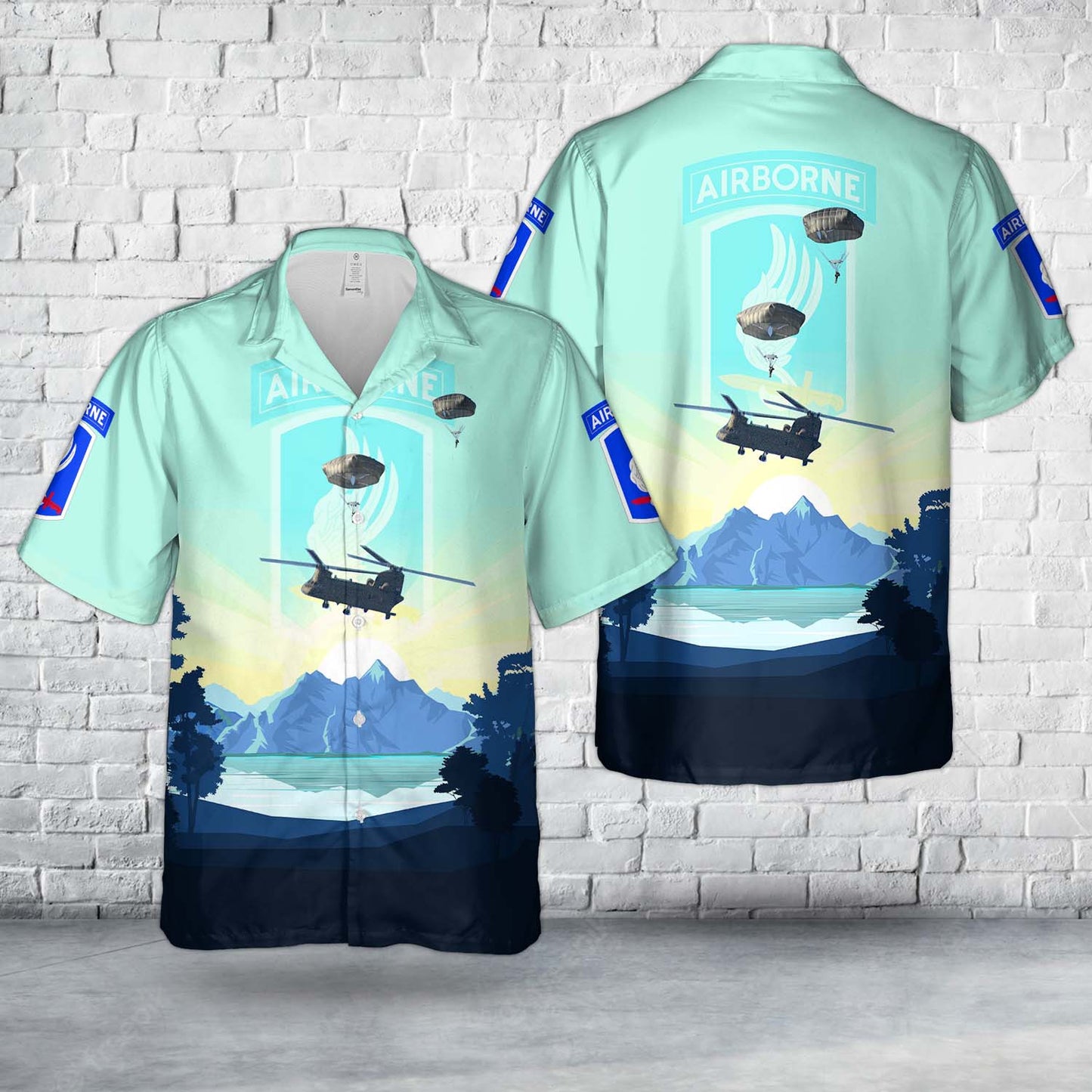 US Army Paratroopers 173rd Infantry Brigade Combat Team (Airborne) jump from a CH-47 Chinook into Bunker Drop Zone Hawaiian Shirt