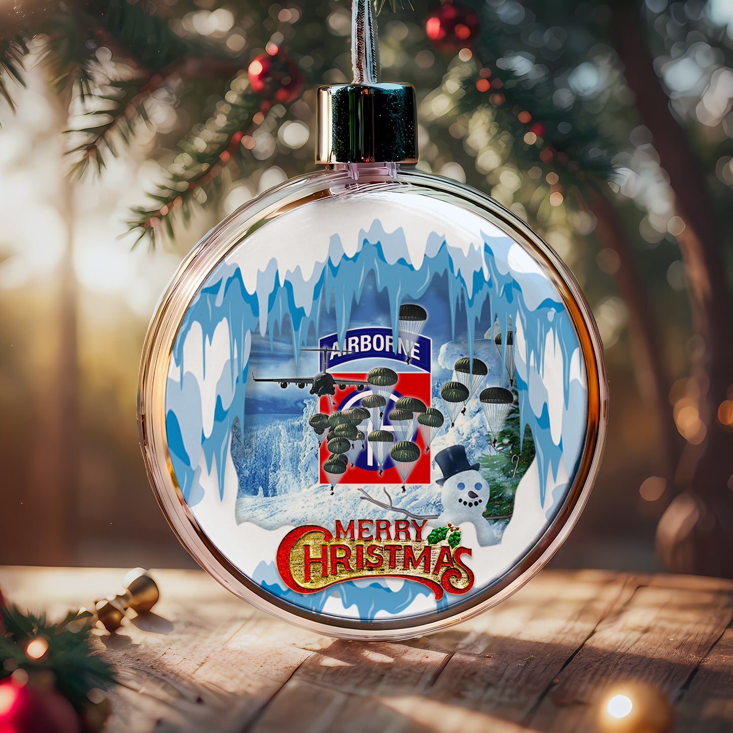 US Army Paratroopers With The 82nd Airborne Division Parachute Christmas Clear Plastic and Aluminium Ornament