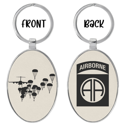 US Army Paratroopers With The 82nd Airborne Division Parachute Oval Leatherette and Metal Keychain (Made in US)