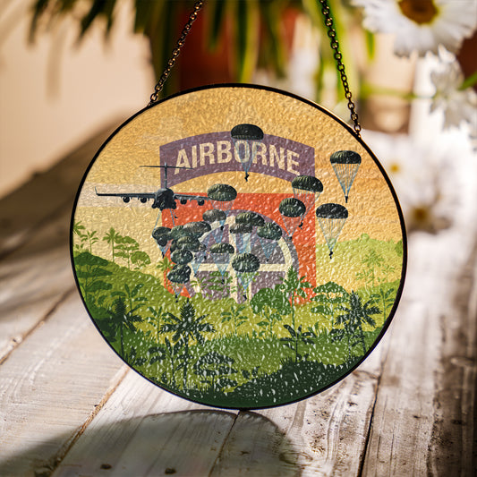 US Army Paratroopers With The 82nd Airborne Division Parachute Stained Glass Suncatcher for Window Hanging