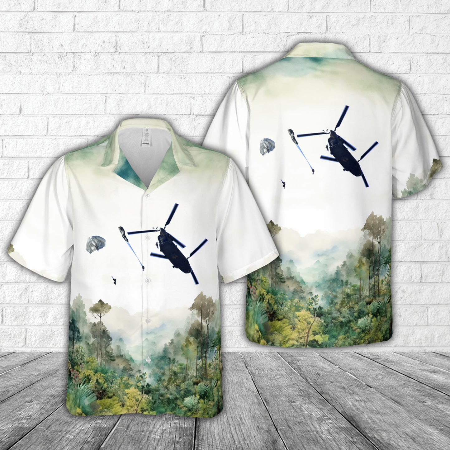 US Army Paratroopers jump from CH-47 Chinook helicopter during a static line airborne Hawaiian Shirt