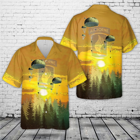 US Army Soldiers of the 173rd Airborne Brigade Combat Team exit a C-130 Hercules aircraft transporter, over Bunker Drop Zone Hawaiian Shirt