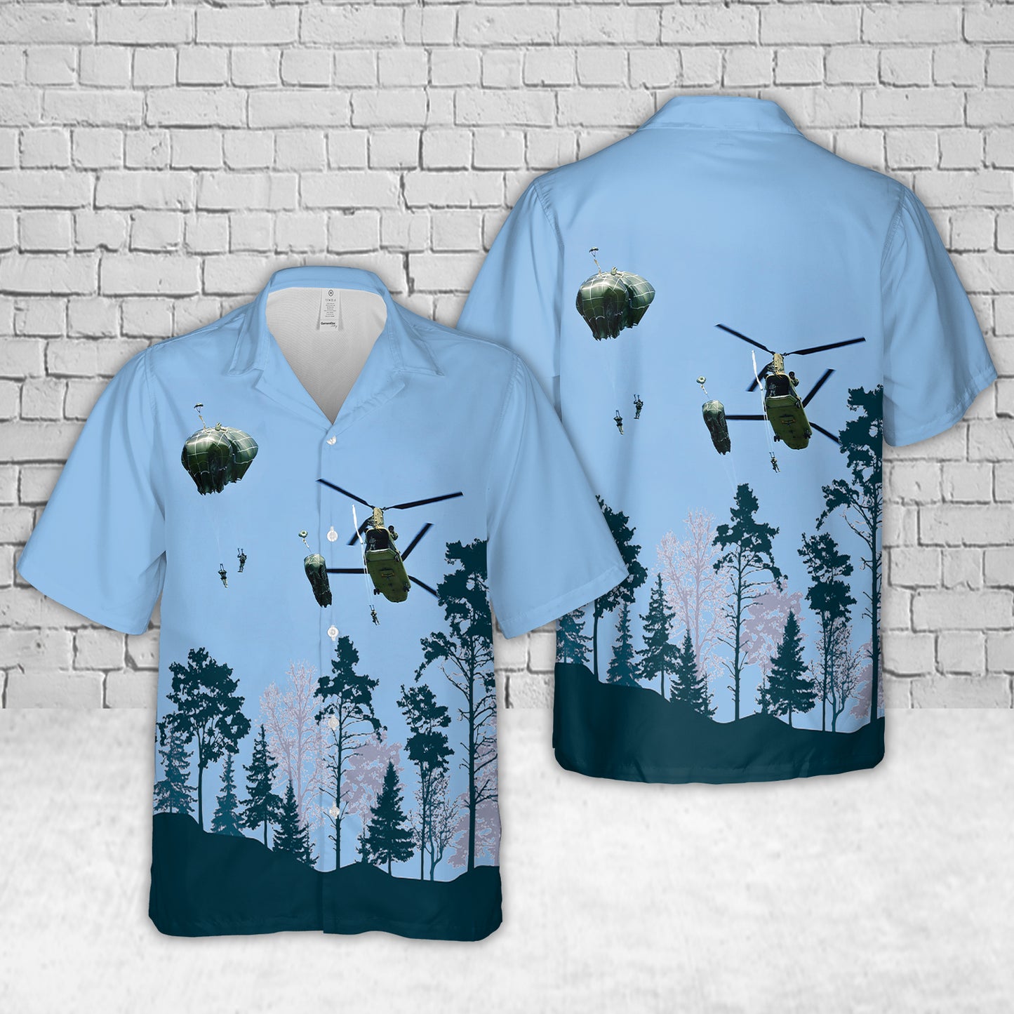 US Army paratroopers jump out the back of a CH-47 Chinook helicopter Hawaiian Shirt
