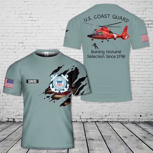 Custom Name US Coast Guard Aerospatiale HH-65C Dolphin Natural Selection 3D T-Shirt