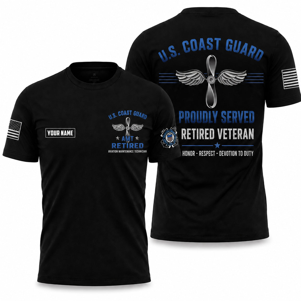 Custom Name US Coast Guard Aviation Maintenance Technician AMT Retired Veteran 3D T-Shirt
