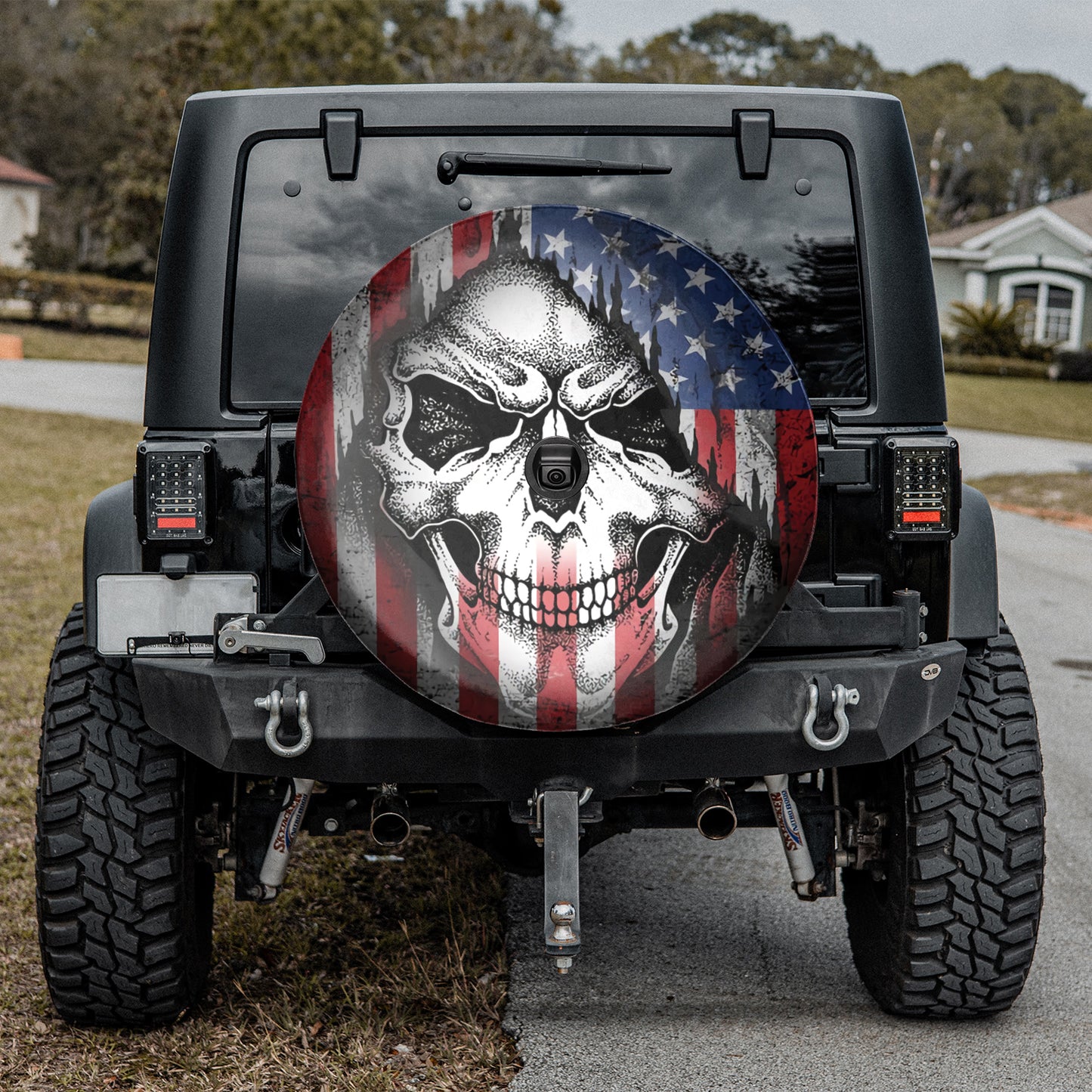 US Flag Skull Spare Tire Cover With Backup Camera Hole