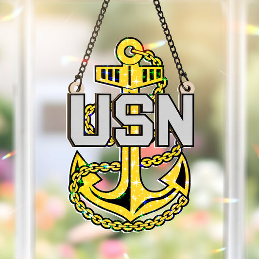 US Navy Chief Custom Shape Wood and Star Hologram Ornament