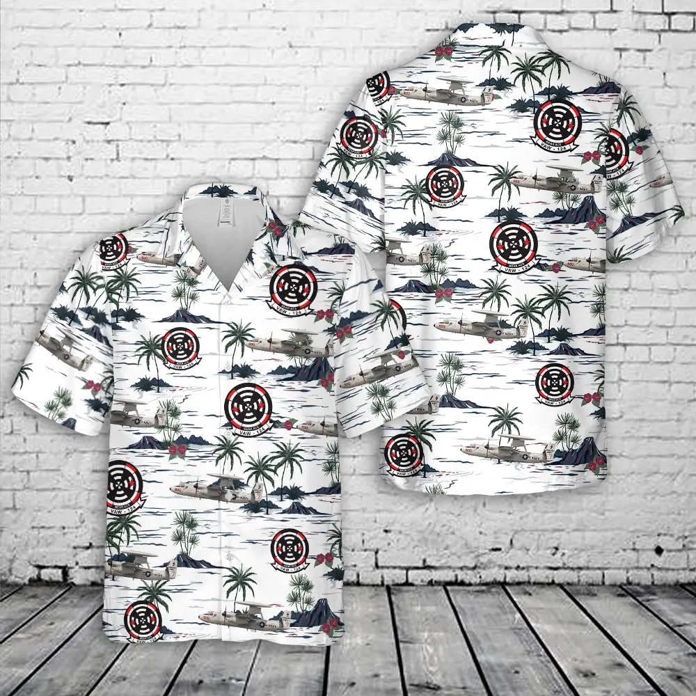 US Navy E-2C Hawkeye VAW-124 Bear Aces, AJ600 / 164483. CVW-8, USS Theodore Roosevelt CVN-71 - 2007 Hawaiian Shirt