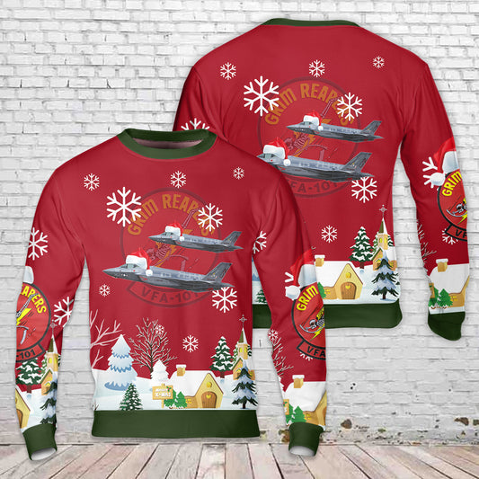 US Navy F-35C Lightning II VFA-101 Grim Reapers, NJ101, 168733 - Eglin AFB, FL Christmas AOP Sweater