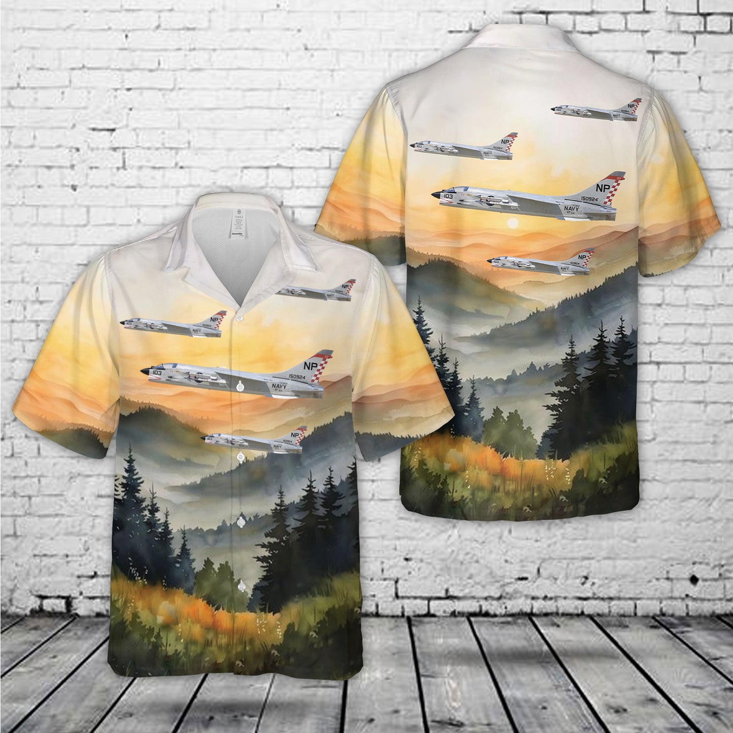 US Navy F-8E (F8U-2NE) Crusader VF-211 Fighting Checkmates, NP103 / 150924. CVW-21, USS Hancock CVA-19, The First Mig Killer Crusader - 1966 Hawaiian Shirt