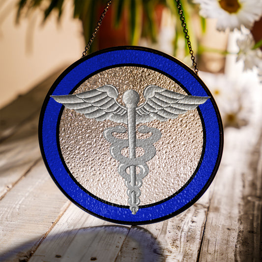 US Navy Hospital corpsman HM). A caduceus Stained Glass Suncatcher for Window Hanging