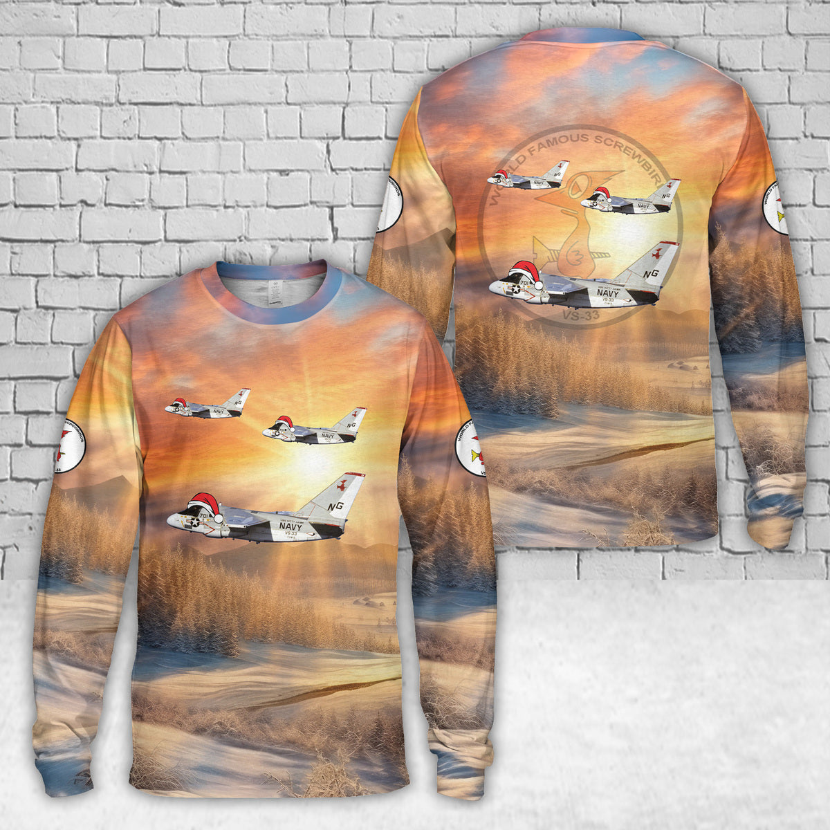 US Navy Lockheed S-3 Viking of VS-33 Christmas AOP Long Sleeve Shirt