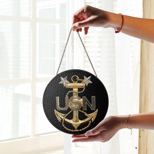 US Navy Master Chief Anchor Stained Glass Suncatcher for Window Hanging