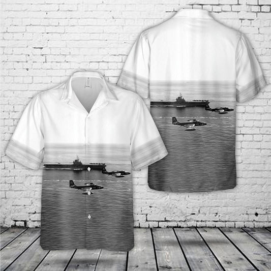 US Navy McDonnell F2H-2 Banshees (BuNo 124954, 124969) of Fighter Squadron 172 (VF-172) "Blue Bolts" over USS Essex Hawaiian Shirt