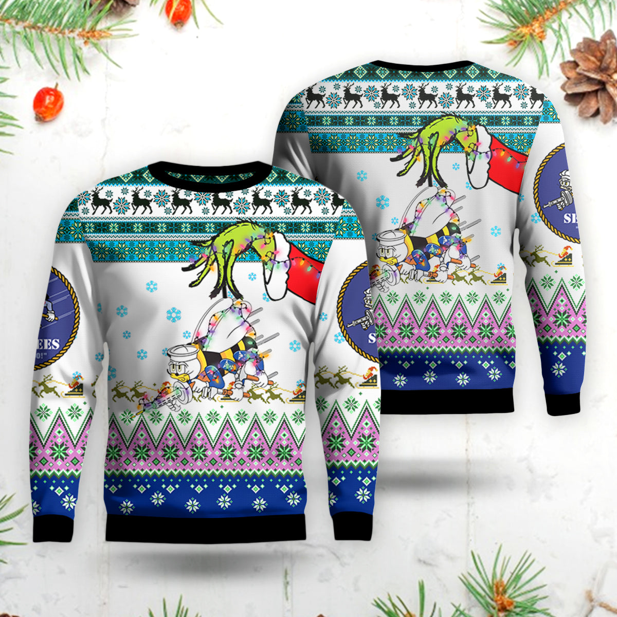 US Navy SEABEES Naval Construction Force (NCF) AOP Christmas Ugly Sweater