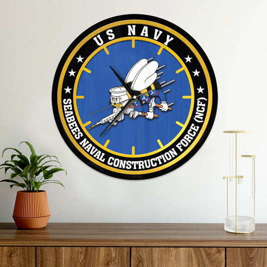 US Navy SEABEES Naval Construction Force (NCF) Wooden Clock