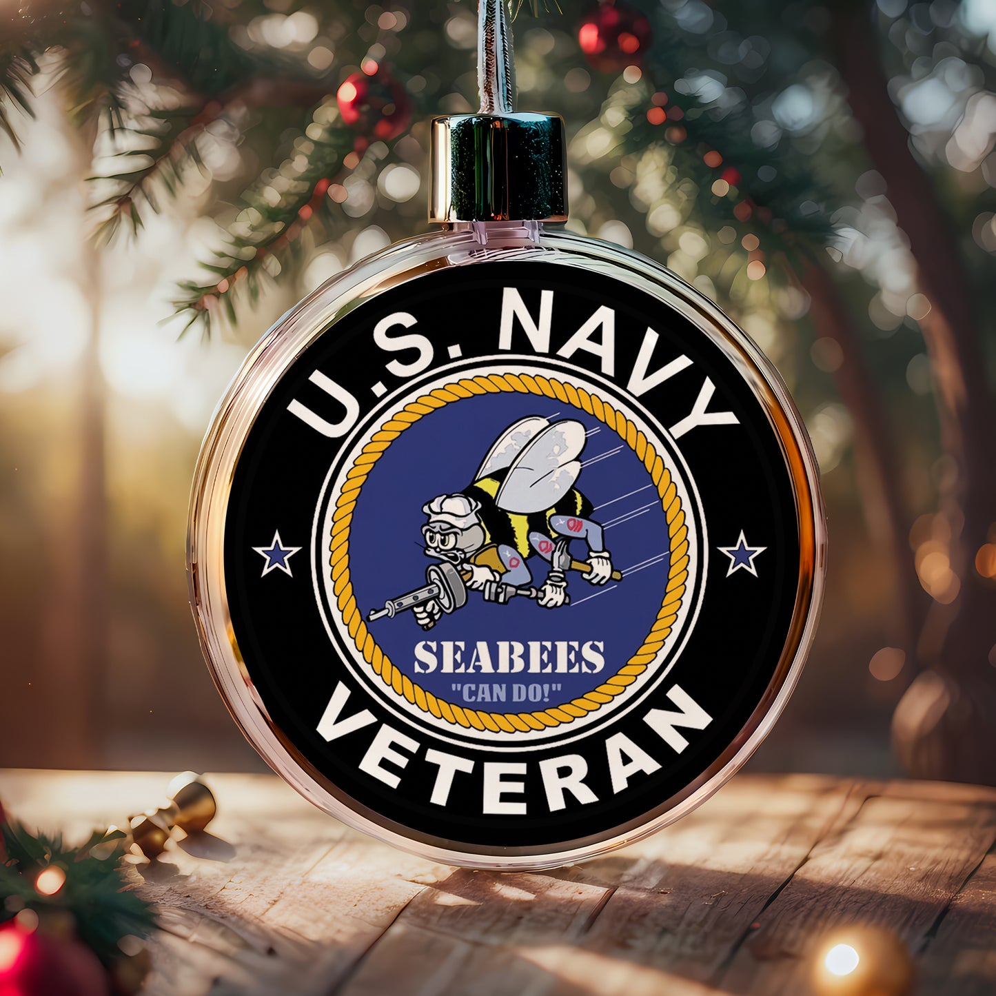 US Navy Seabees Veteran Clear Plastic and Aluminium Ornament