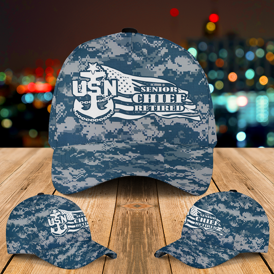US Navy Senior Chief Retired Distressed American Flag Baseball Cap