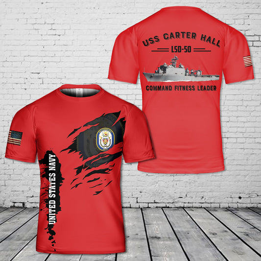 US Navy USS Carter Hall LSD-50 Command Fitness Leader Red T-Shirt 3D