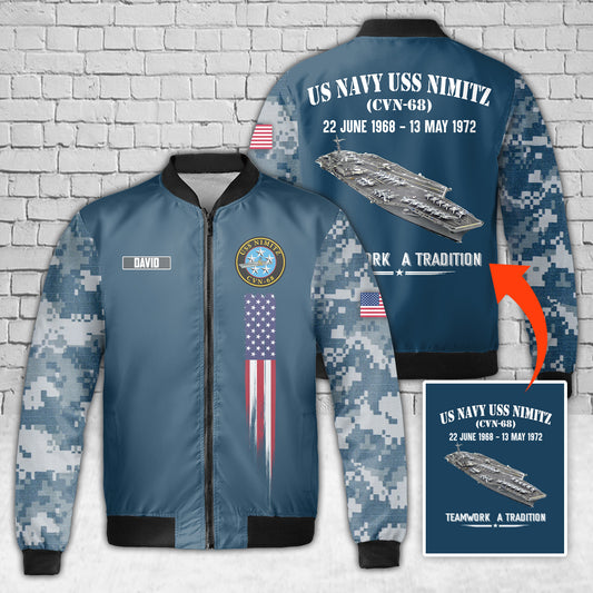 Custom Name US Navy USS Nimitz (CVN-68) AOP Fleece Bomber Jacket
