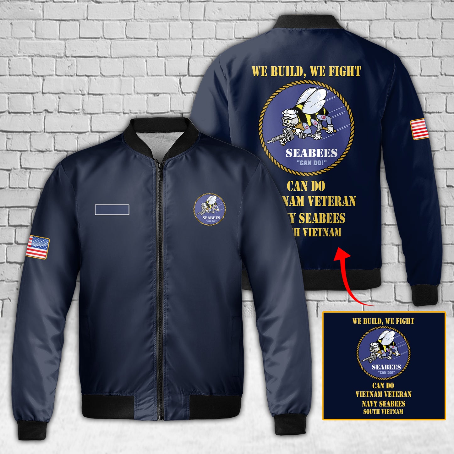 Custom Name US Navy Vietnam Veteran Navy SEABEES South Vietnam AOP Fleece Bomber Jacket