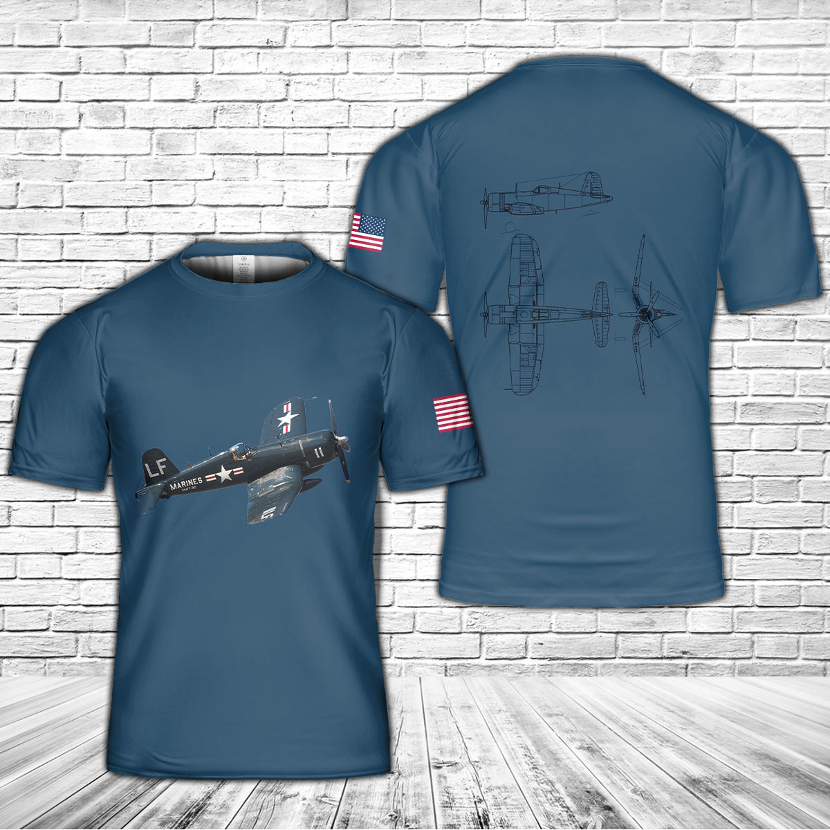 US Navy Vought F4U Corsair Blueprint 3D T-Shirt