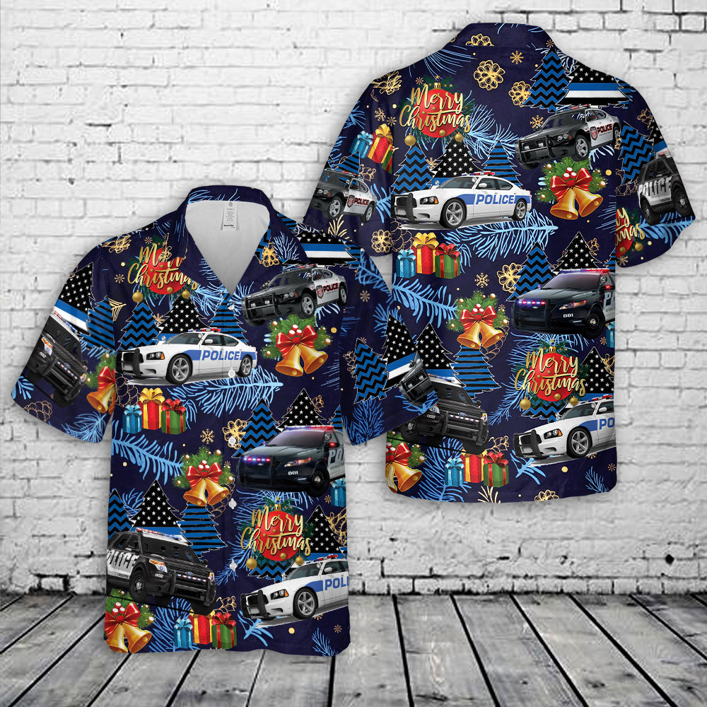 US Police Cars Blue Line Christmas Tree Hawaiian Shirt