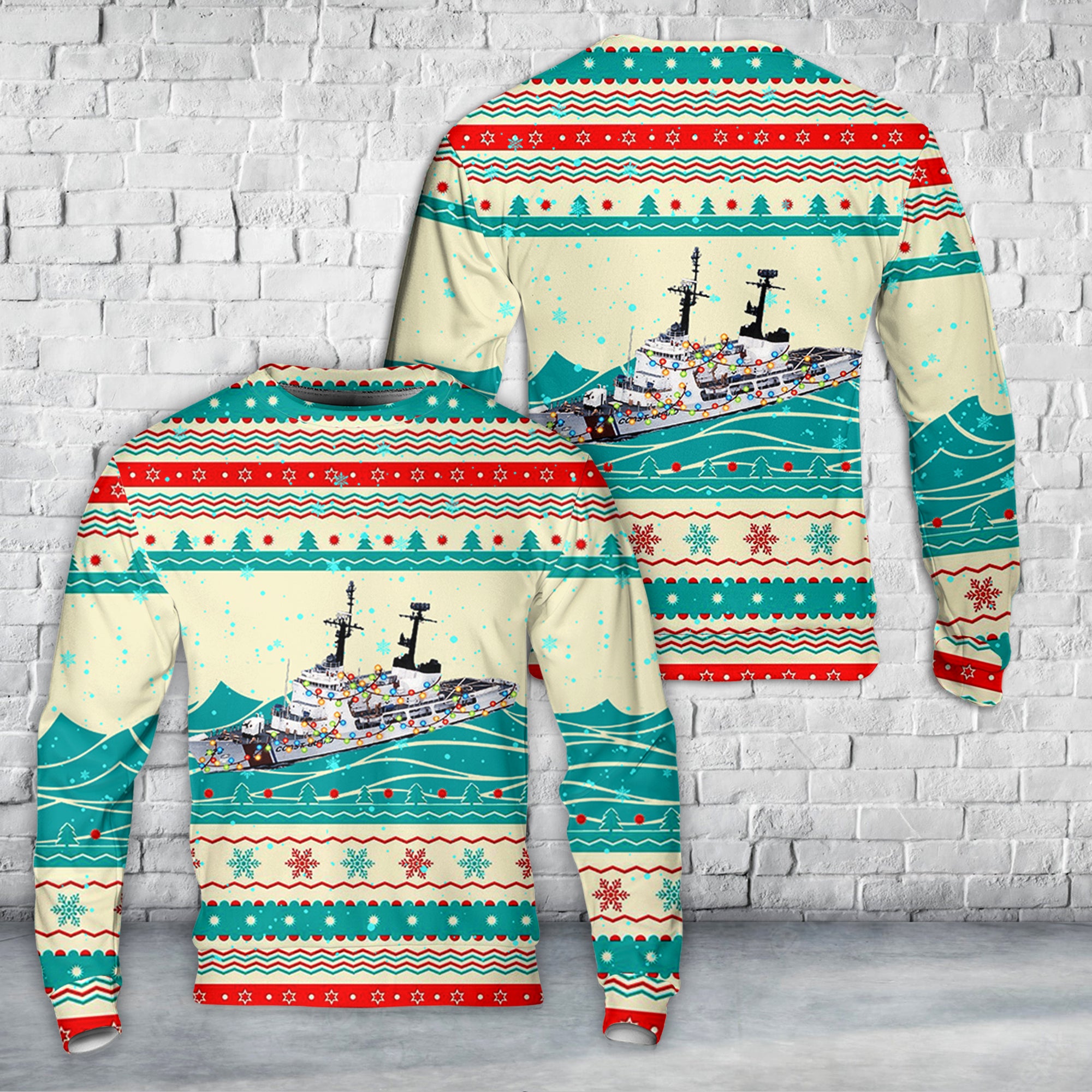 United States Coast Guard Cutter Rush WHEC 723 Christmas AOP Sweater Merch Gears