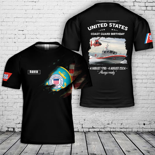 Custom Name United States Coast Guard Birthday August 4, 2024 3D T-Shirt