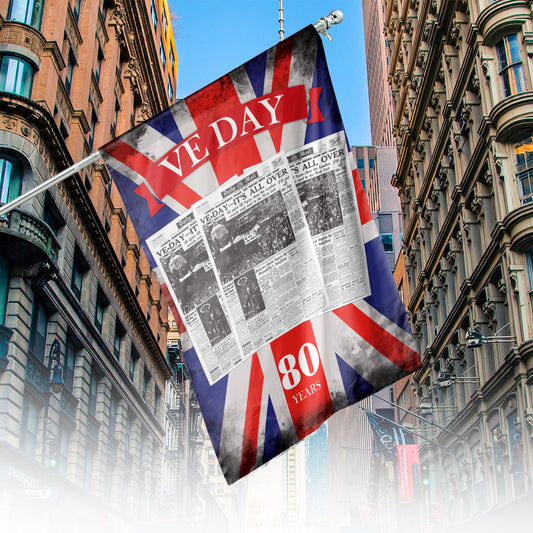 VE Day Newspaper Headlines 80 Years Celebration Union Jack WWII Victory in Europe Vertical House Flag