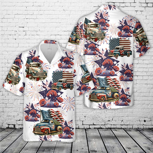 Vintage American Truck with American Flag Hawaiian Shirt