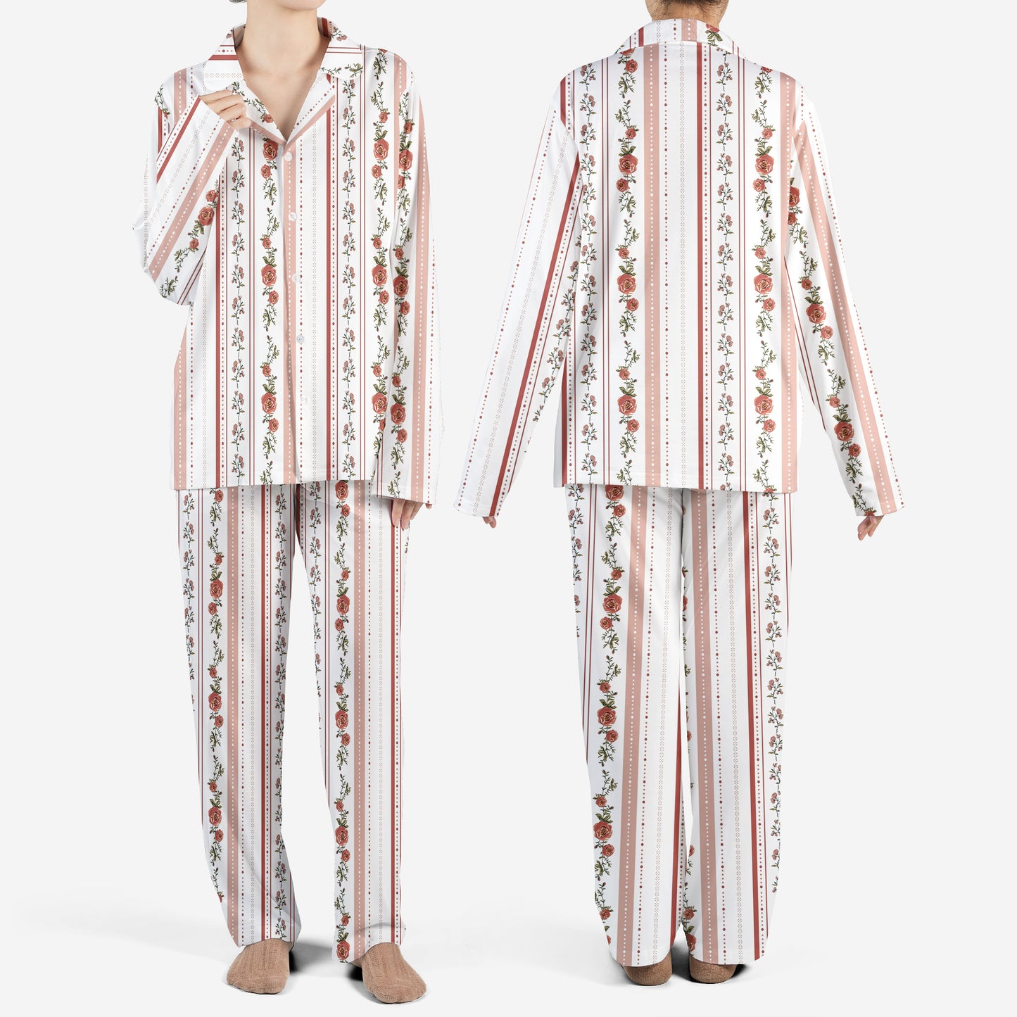 Vintage Floral Old Rose Vertical Striped AOP Pajamas Set
