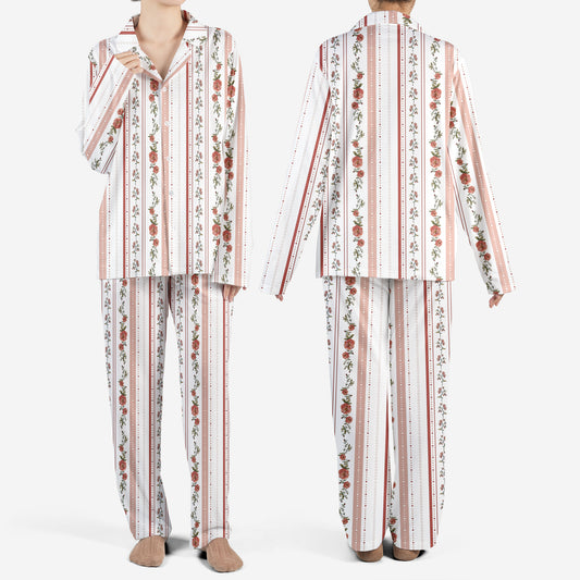 Vintage Floral Old Rose Vertical Striped AOP Pajamas Set