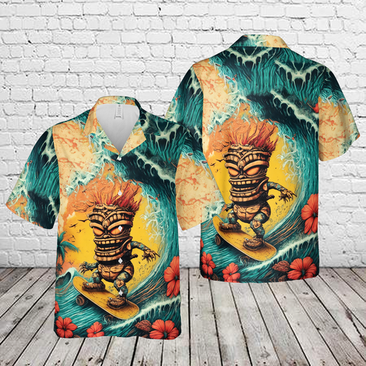 Vintage Surfer Tiki Hibiscus Hawaiian Shirt