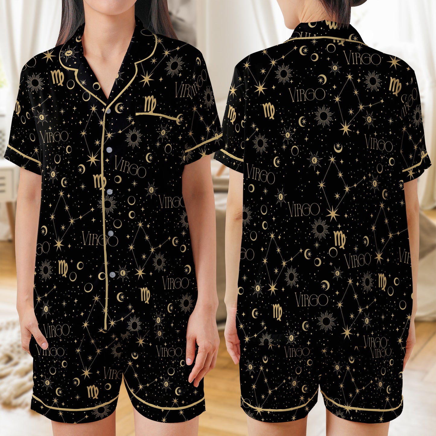 Virgo Zodiac Star Seamless AOP Satin Short-Sleeve Pajamas Set