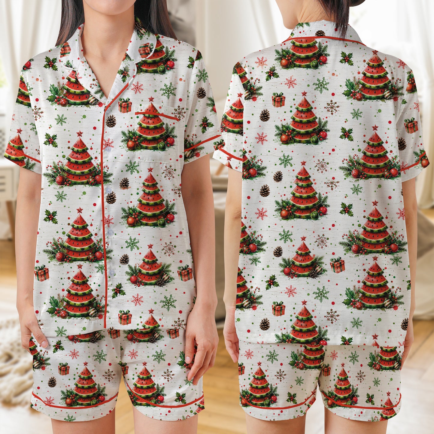 Watermelon Christmas Tree Satin Short-Sleeve Pajamas Set