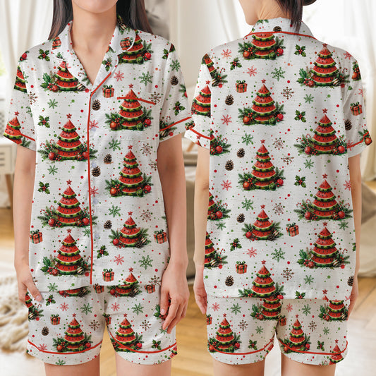 Watermelon Christmas Tree Satin Short-Sleeve Pajamas Set