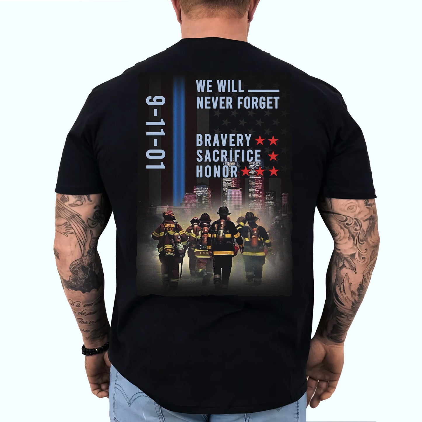 We Will Never Forget Bravery Sacrifice Honor Patriotic 911 Classic Unisex T-Shirt Gildan 5000 (Made In US)