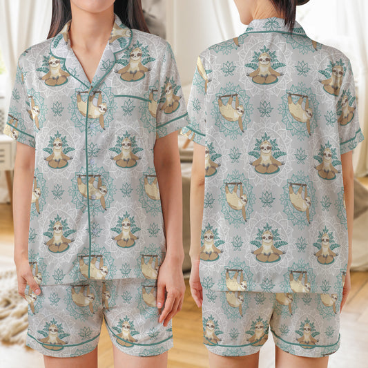 Yoga Sloth Funny Seamless AOP Satin Short-Sleeve Pajamas Set