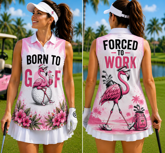 Born To Golf Forced To Work Flamingo Women's Sleeveless Golf Polo Shirt